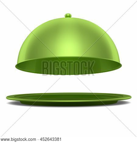 Silver Tray With Cloche Ready To Serve Isolated On White Background