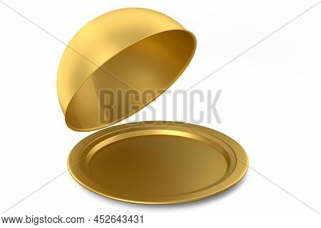 Gold Tray With Cloche Ready To Serve Isolated On White Background