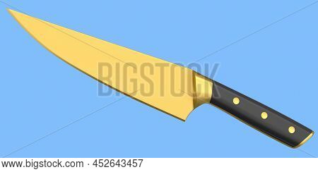 Chef's Kitchen Knife With A Wooden Handle Isolated On Blue Background.