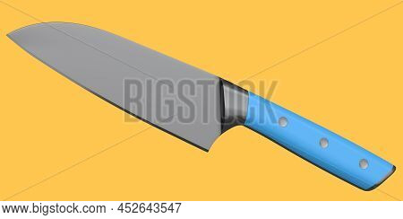 Chef's Kitchen Knife With A Wooden Handle Isolated On Orange Background.