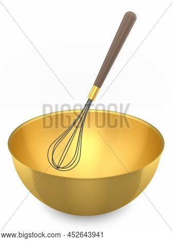 Metal Bowl With Whisk For Preparation Of Dough Isolated On White Background.