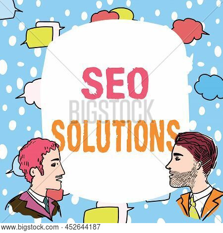 Text Sign Showing Seo Solutions. Word For Search Engine Result Page Increase Visitors By Rankings Te