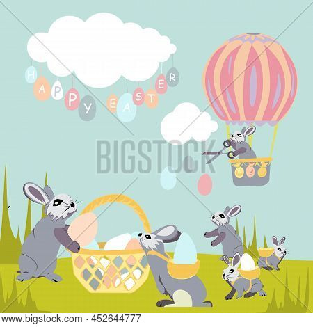 The Easter Bunny Flies Through The Sky On Air Balloon Among The Clouds And Cuts Off Easter Eggs With