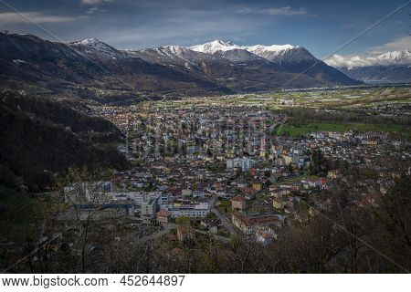 Giubiasco Town From Castle In Bellinzona Town In Spring Fresh Morning