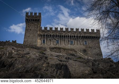 Castle In Bellinzona Town In South Switzerland In Spring Morning