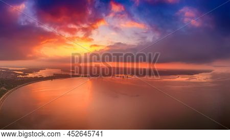 Dramatic Colorful Sunset Over Kyiv Sea In Vyshgorod, Ukraine, Travel Background. Big Panorama From D
