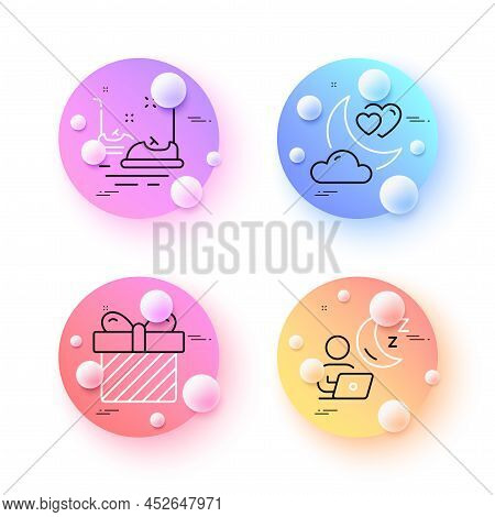 Shift, Bumper Cars And Love Night Minimal Line Icons. 3d Spheres Or Balls Buttons. Surprise Icons. F