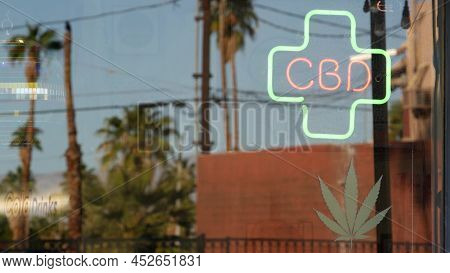 Neon Sign In Smoke Shop, Legalized Cbd Oil Or Medical Cannabis In Store, California Usa. Legal Sale 