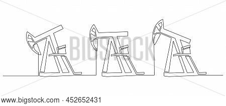 Oil Pumps Jacks Platforms Of One Continuous Line Drawing. Drilling Rigs Petroleum Production And Tra