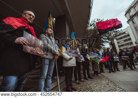 Lisbon, Portugal - April 6, 2022: A Protest Demonstration Following The War Crimes In Bucha: People 