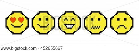 Yellow Smileys Pixel In Retro Style On White Background. Happy Face. Vector Illustration. Stock Imag