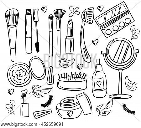 Hand-drawn Set Of Vector Cosmetics. Doodle Illustration