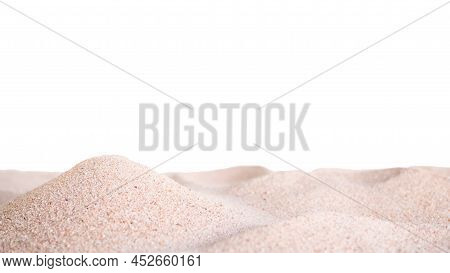 Pile Sand Isolatd On White Background. Macro Small Heap Mountain Desert Dry Sandy Beach At Coast Of 