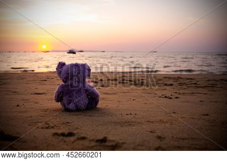 Single Teddy Bear On Sand Beach At Coast Of Water Sea Shore Nature Sunset Background. Vintage With F