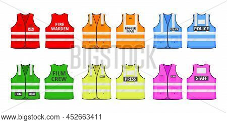Safety Reflective Vest With Label Flat Style Design Vector Illustration Set. Various Color Fluoresce