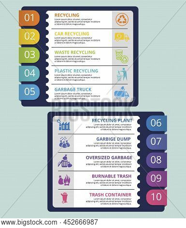 Infographic Recycling Template. Icons In Different Colors. Include Recycling, Trash Container, Burna