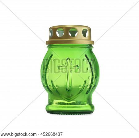 Green Grave Light With Burning Candle Isolated On White. Symbol Of Remembrance