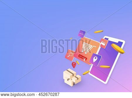 Shopping Online On Smartphone Application Concept, Isometric Vector Illustration
