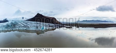 Glacier Lake Panoramic View With Massive Glaciar Tongue