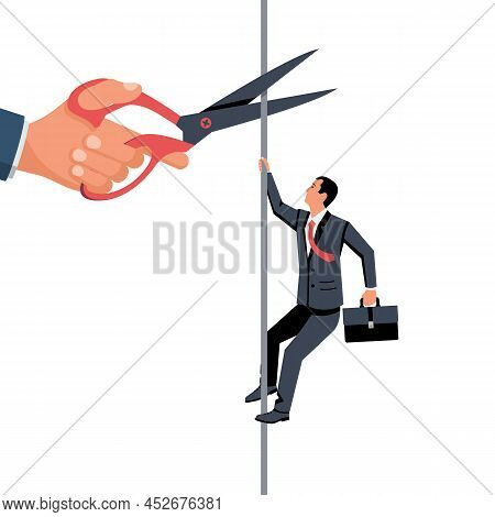 Career Obstacle.businessman Climbs Up Rope. A Big Hand With Scissors Cuts Off The Rope. Difficulties