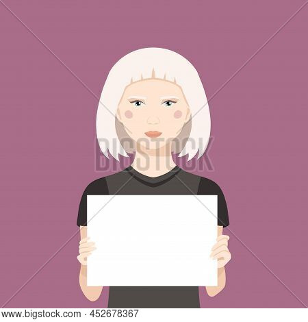 Flat Vector Illustration. Young Girl With Albinism Holding A Poster. Showing White Paper With Place 