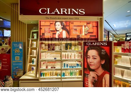SINGAPORE - CIRCA JANUARY, 2020: Clarins personal care products on display at store in Changi Airport.
