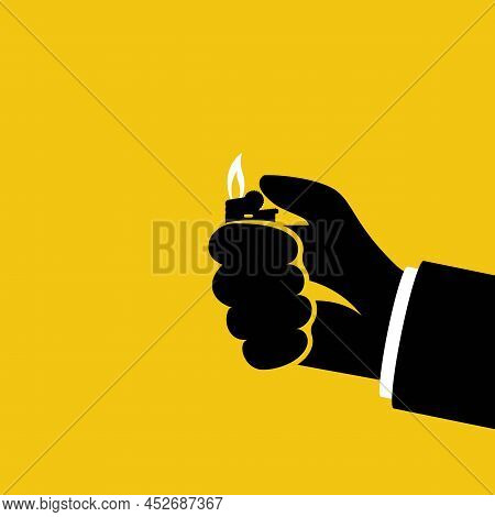 Black Icon, Silhouette Hand Holding Lighter. Vector Illustration Flat Design. Isolated On Yellow Bac