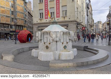 Belgrade, Serbia - February 27, 2022: Delijska Cesma White Marble Drinking Water Fountain In Knez Mi