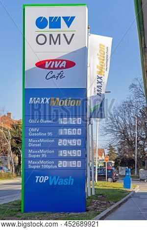 Belgrade, Serbia - March 22, 2022: Modern Petrol Station Austrian Company Omv Totem With Led Sign Pr
