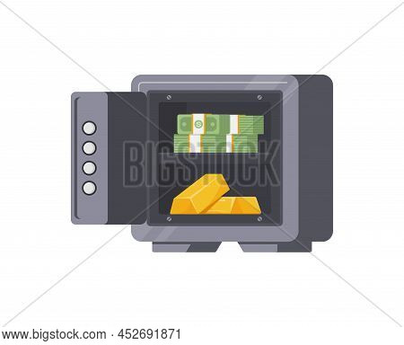 Metallic Banking Safe Open Door Cash Money Dollar Package And Golden Bar On Shelves Isometric Icon V