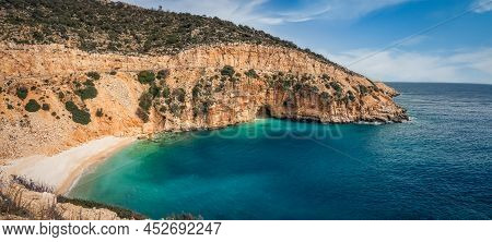 Panoramic View  Tropical Sea, Cove And Beach Landscape From Kas, Antalya, Turkey. Holiday, Travel An