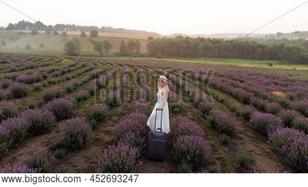 Drone Video Of Free And Happy Young Woman Run In Pink And Purple Lavender Fields At Sunset