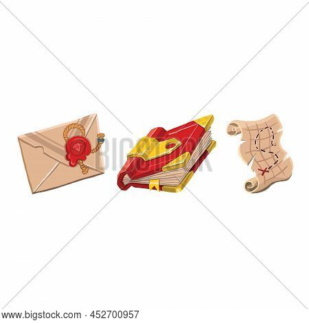 Magic And Game Symbols Items.
Red Book Of Wonders, Letter, Scroll. Digital Painting Illustration.
