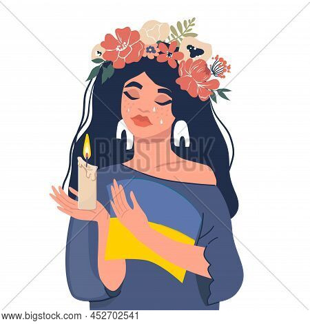 Concept Against Genocide In Ukraine. The Girl Is Holding A Candle And The Flag Of Ukraine. Cartoon S