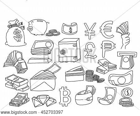 Finance And Banking Hand Drawn Doodle Illustration. Business Line Symbols. Dollar Sign, Outline Coin