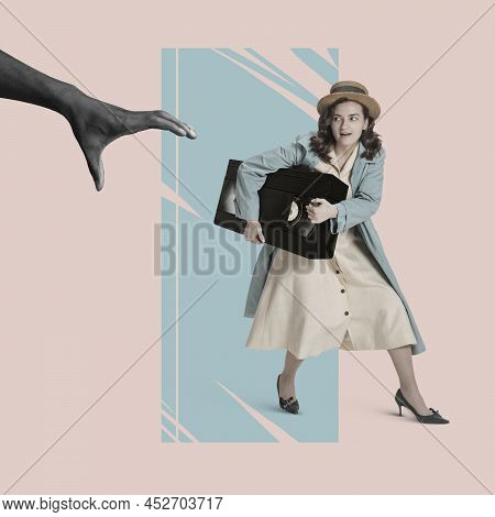 Contemporary Art Collage. Young Woman In Vintage Cloth Holding Retro Cassete Isolated Over Pink Back