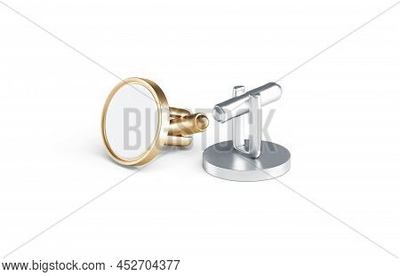 Blank Round Gold And Silver Cufflinks Toggle Mockup, Front Back, 3d Rendering. Empty Classic Circula