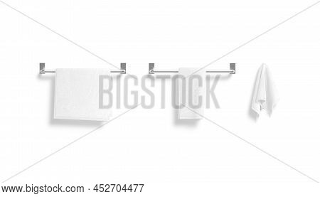 Blank White Towel Hanging On Heated Rail And Hook Mockup, Different Types, 3d Rendering. Empty Cotto
