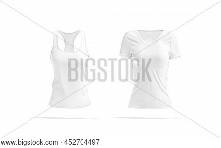 Blank White Women T-shirt And Tanktop Mockup, Front View, 3d Rendering. Empty Female Sport Slimfit T