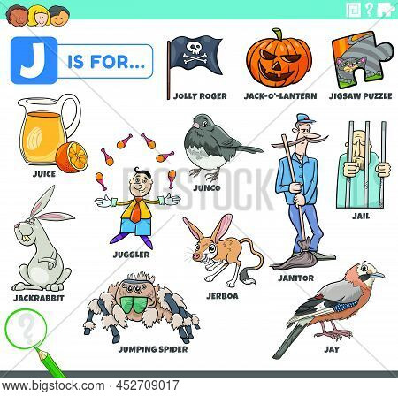 Educational Cartoon Illustration For Children With Comic Characters And Objects Set For Letter J