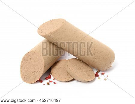 Delicious Liverwurst With Spices On White Background