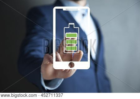 Man Touching Battery With Full Of Energy