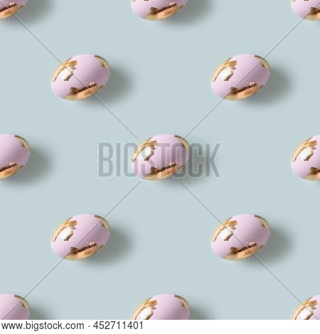 Happy Easter Violet Eggs Decorated Golden Potal. Seamless Pattern.