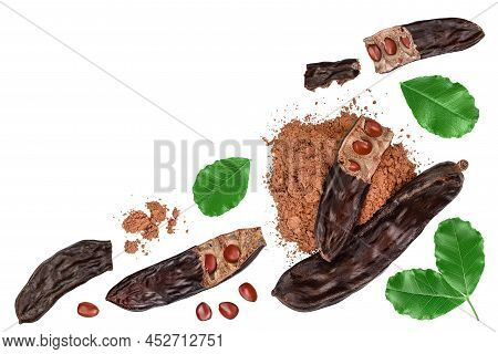 Ripe Carob Pods And Bean Isolated On White Background. Top View With Copy Space For Your Text. Flat 
