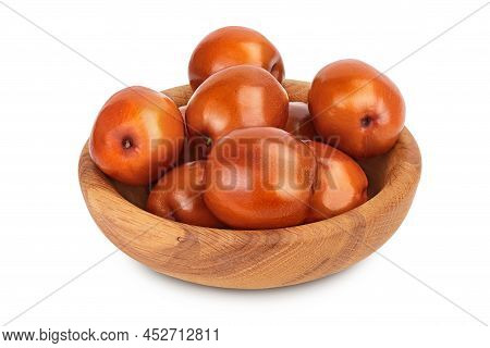 Jujube Or Chinese Date In Wooden Bowl Isolated On White Background With Clipping Path And Full Depth
