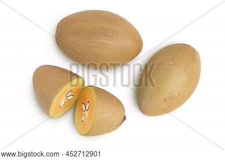 Sapodilla Isolated On White Background With Clipping Path And Full Depth Of Field. Top View. Flat La