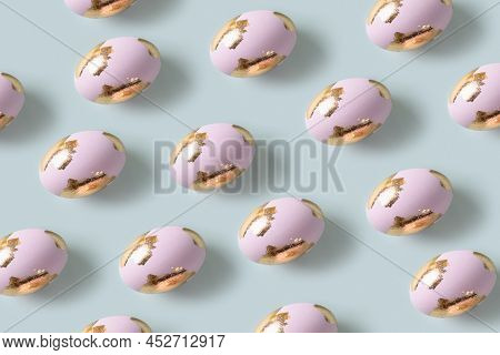 Happy Easter Violet Eggs Decorated Golden Potal. Seamless Pattern.