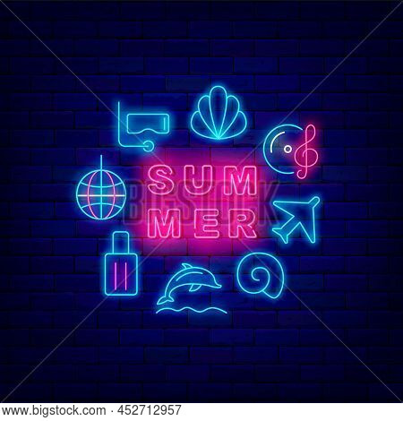 Summer Round Neon Template With Season Icons. Season Vacation Concept. Circle Holiday Design. Night 
