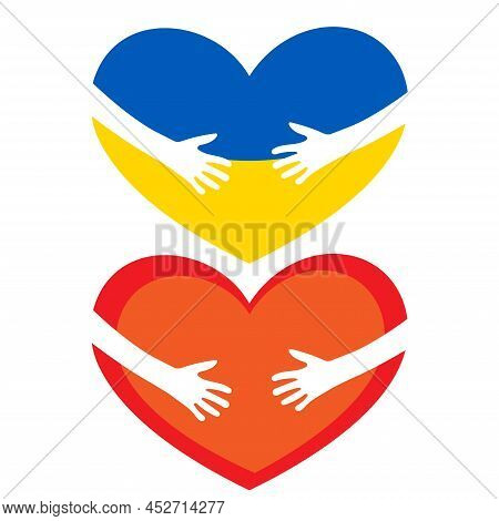 Ukraine National Flag Heart Silhouette With Hug Hands. Support Ukraine In War With Russia In 2022
