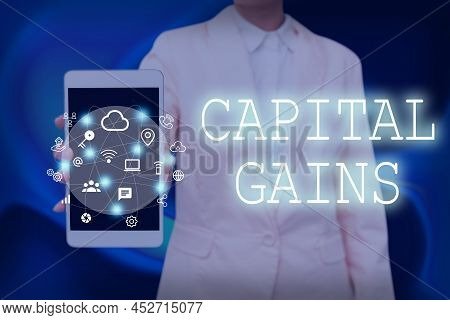 Writing Displaying Text Capital Gains. Word For Bonds Shares Stocks Profit Income Tax Investment Fun